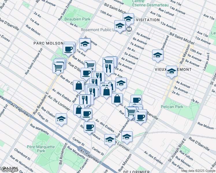 map of restaurants, bars, coffee shops, grocery stores, and more near 5845 Rue D'Iberville in Montréal