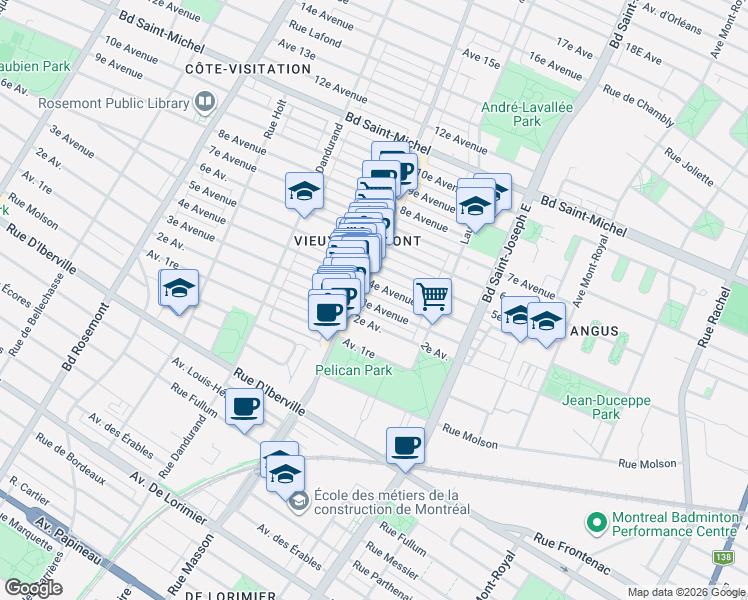map of restaurants, bars, coffee shops, grocery stores, and more near 5347 3e Avenue in Montréal