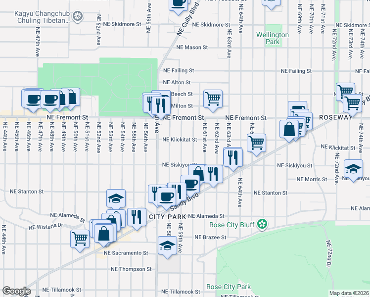 map of restaurants, bars, coffee shops, grocery stores, and more near 3214 Northeast 59th Avenue in Portland