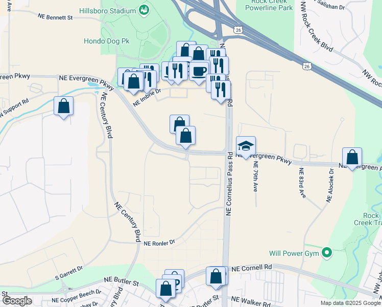 map of restaurants, bars, coffee shops, grocery stores, and more near 10272 Northeast Evergreen Parkway in Hillsboro