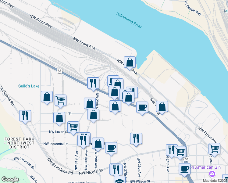 map of restaurants, bars, coffee shops, grocery stores, and more near 3330 Northwest Yeon Avenue in Portland