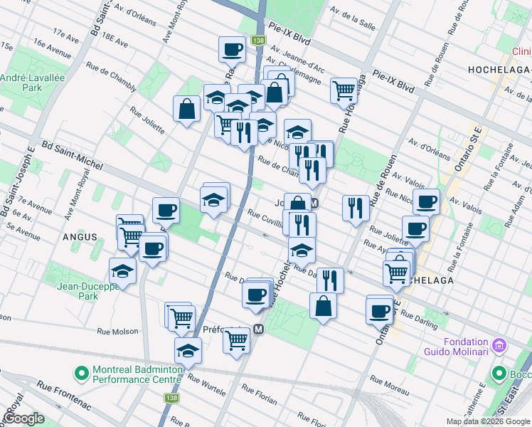 map of restaurants, bars, coffee shops, grocery stores, and more near 2665 Rue Cuvillier in Montréal