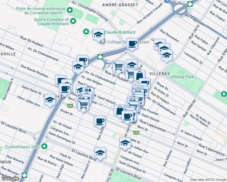 map of restaurants, bars, coffee shops, grocery stores, and more near 8372 Avenue des Belges in Montréal