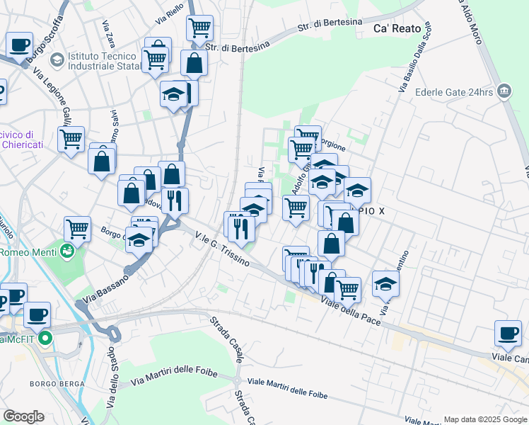 map of restaurants, bars, coffee shops, grocery stores, and more near 52 Via Paolo Calvi in Vicenza
