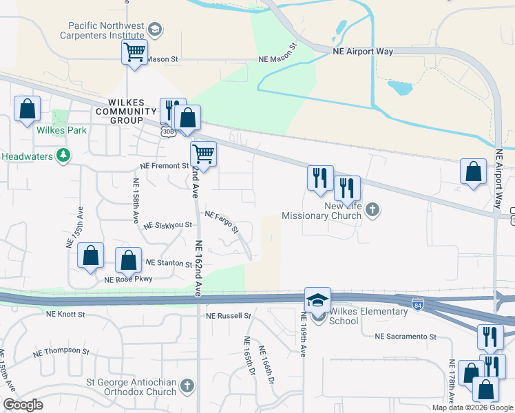 map of restaurants, bars, coffee shops, grocery stores, and more near 16511 Northeast Fargo Circle in Portland