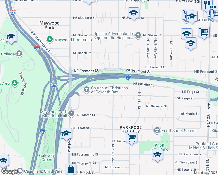map of restaurants, bars, coffee shops, grocery stores, and more near 3228 Northeast 108th Avenue in Portland