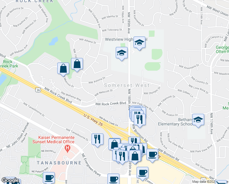 map of restaurants, bars, coffee shops, grocery stores, and more near 18665 Northwest Shadow Lane in Portland