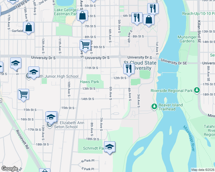 map of restaurants, bars, coffee shops, grocery stores, and more near 600 13th Street South in St. Cloud