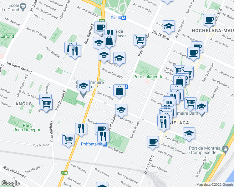 map of restaurants, bars, coffee shops, grocery stores, and more near 2552 Rue Aylwin in Montréal