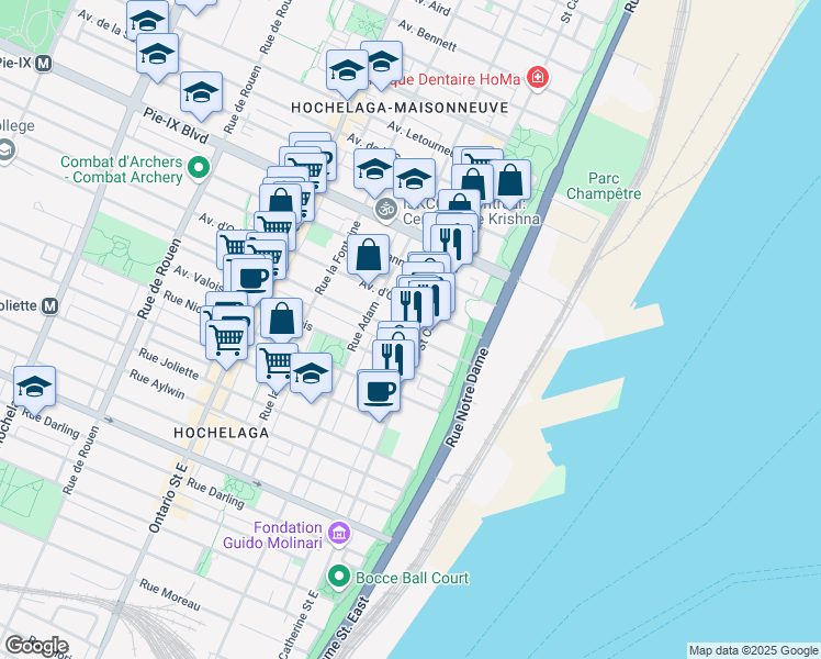 map of restaurants, bars, coffee shops, grocery stores, and more near 1419 Avenue Bourbonnière in Montréal