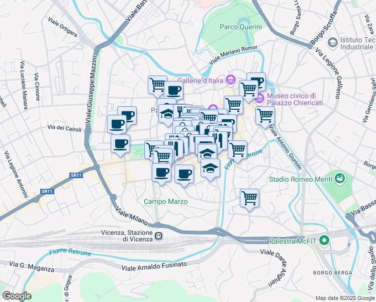 map of restaurants, bars, coffee shops, grocery stores, and more near Piazzetta Duomo in Vicenza