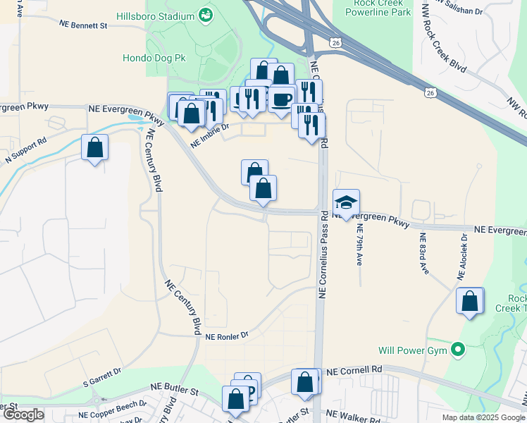 map of restaurants, bars, coffee shops, grocery stores, and more near 10300 Northeast Evergreen Parkway in Hillsboro