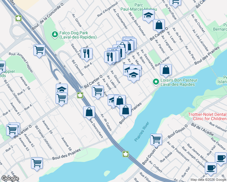 map of restaurants, bars, coffee shops, grocery stores, and more near 61 Avenue Verdi in Laval