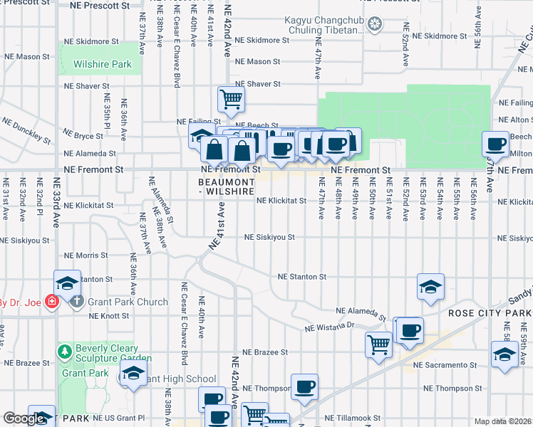 map of restaurants, bars, coffee shops, grocery stores, and more near 3215 Northeast 44th Avenue in Portland