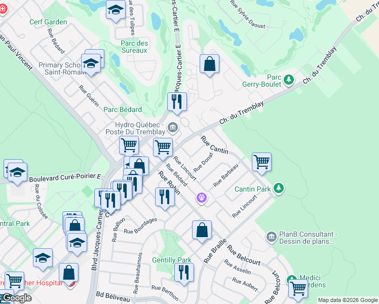 map of restaurants, bars, coffee shops, grocery stores, and more near 2411 Rue Boisvin in Longueuil