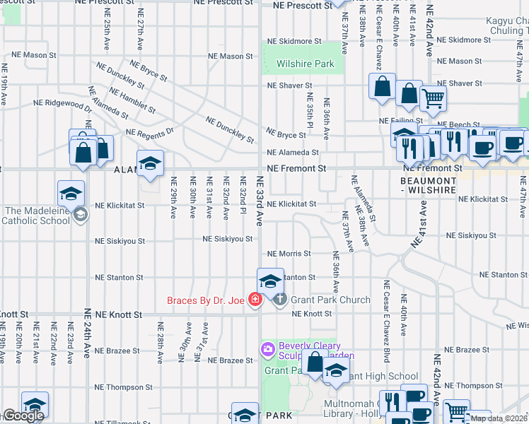 map of restaurants, bars, coffee shops, grocery stores, and more near 3220 Northeast 33rd Avenue in Portland