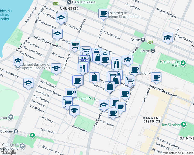 map of restaurants, bars, coffee shops, grocery stores, and more near 10151 Rue Saint-Urbain in Montréal