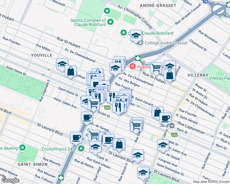 map of restaurants, bars, coffee shops, grocery stores, and more near 1100 Boulevard Crémazie Est in Montréal