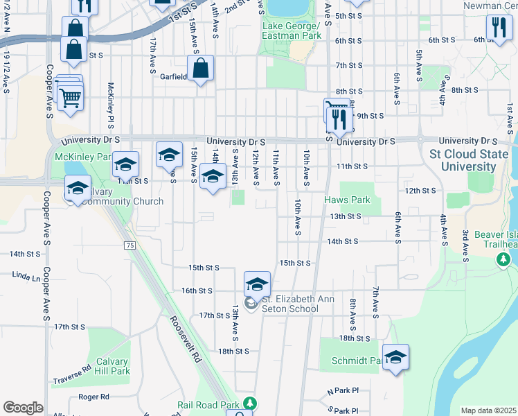 map of restaurants, bars, coffee shops, grocery stores, and more near 1117 13th Street South in Saint Cloud