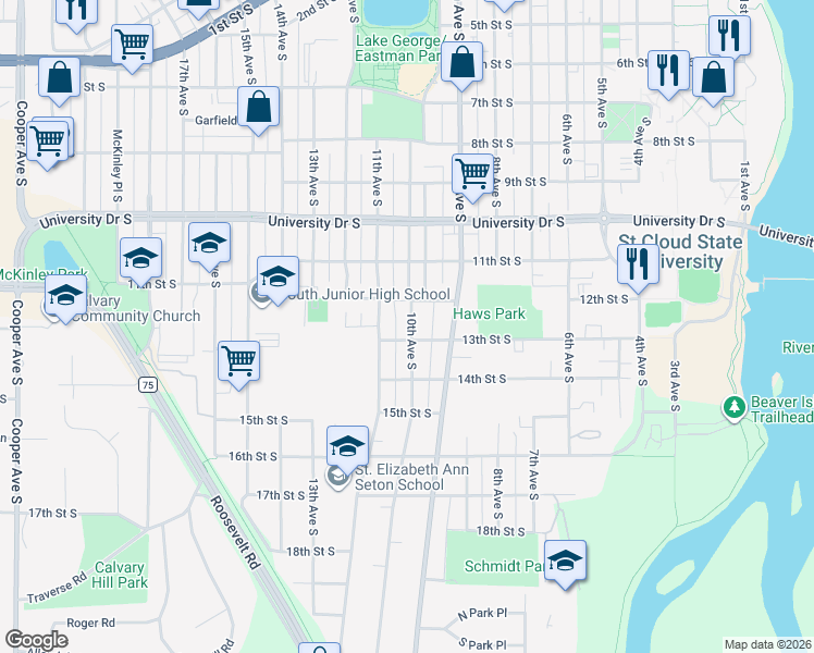 map of restaurants, bars, coffee shops, grocery stores, and more near 1301 10th Avenue South in St. Cloud