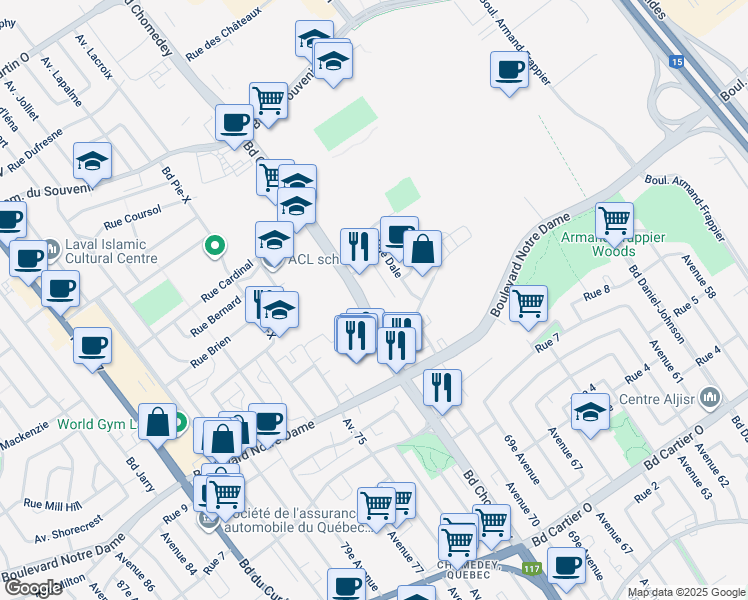 map of restaurants, bars, coffee shops, grocery stores, and more near 1025 Boulevard Chomedey in Laval