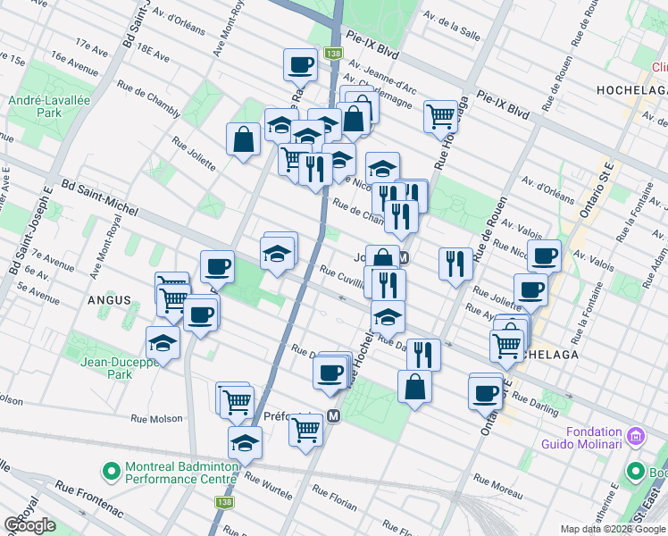 map of restaurants, bars, coffee shops, grocery stores, and more near 2717 Rue Cuvillier in Montréal