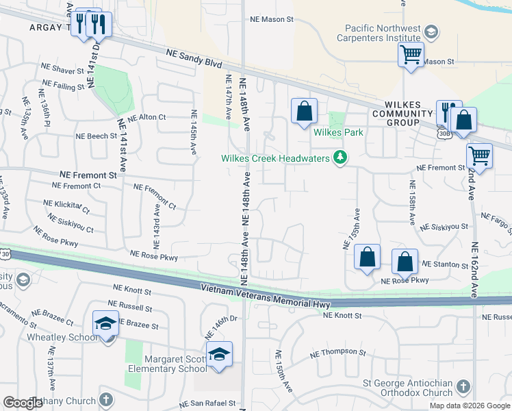 map of restaurants, bars, coffee shops, grocery stores, and more near 3019 Northeast 149th Avenue in Portland
