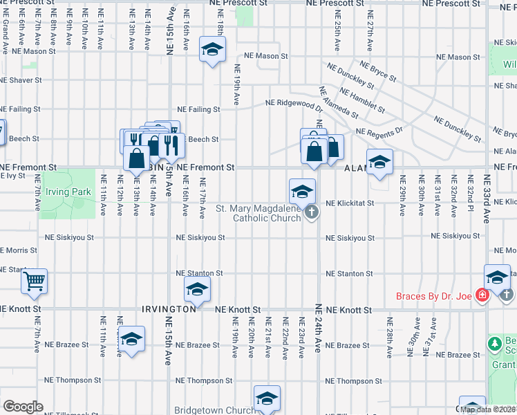 map of restaurants, bars, coffee shops, grocery stores, and more near 3205 Northeast 21st Avenue in Portland