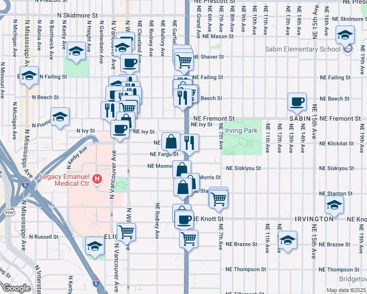 map of restaurants, bars, coffee shops, grocery stores, and more near 300-302 Northeast Fargo Street in Portland