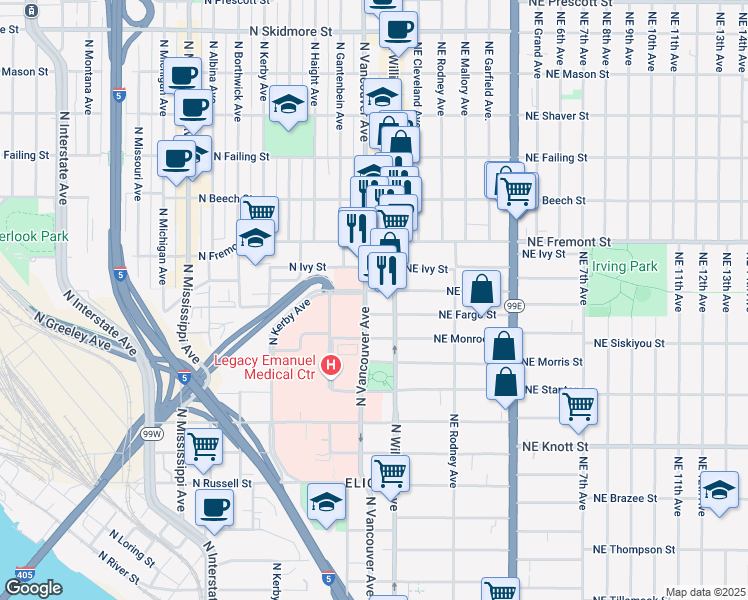 map of restaurants, bars, coffee shops, grocery stores, and more near in Portland
