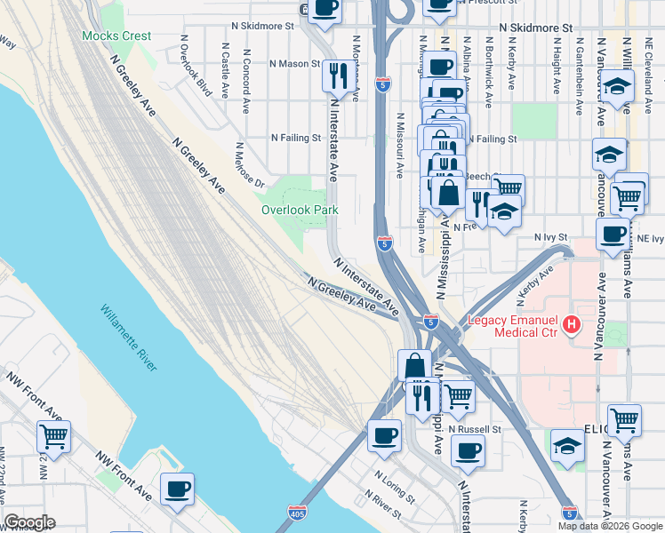 map of restaurants, bars, coffee shops, grocery stores, and more near 3166 North Greeley Avenue in Portland