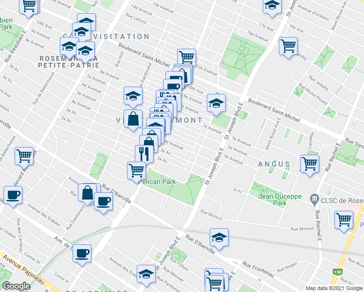 map of restaurants, bars, coffee shops, grocery stores, and more near 5223 4e Avenue in Montréal
