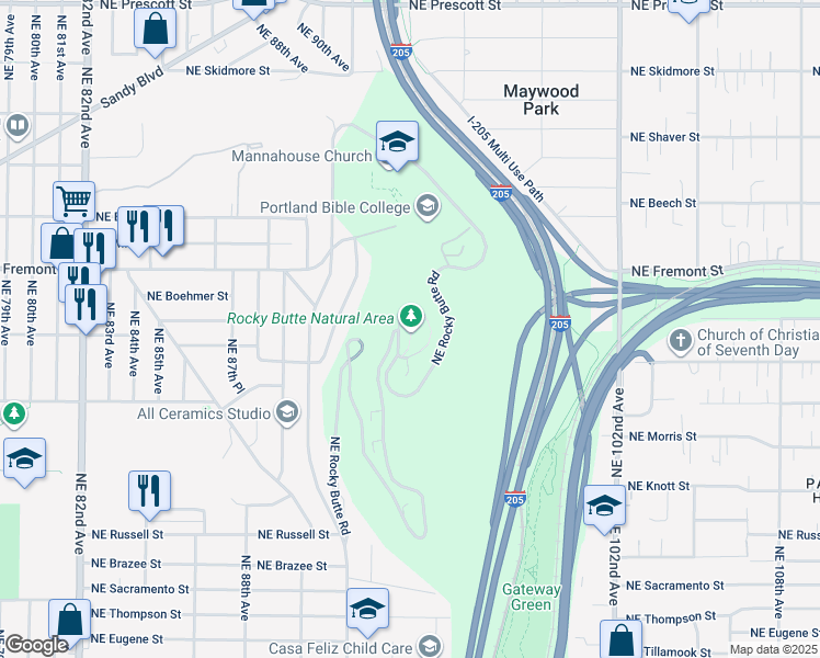 map of restaurants, bars, coffee shops, grocery stores, and more near 3198 Northeast Rocky Butte Road in Portland