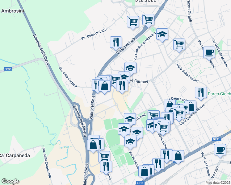 map of restaurants, bars, coffee shops, grocery stores, and more near 92 Via Lanza in Vicenza