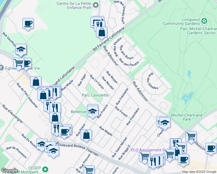 map of restaurants, bars, coffee shops, grocery stores, and more near 892 Rue Nicolet in Longueuil