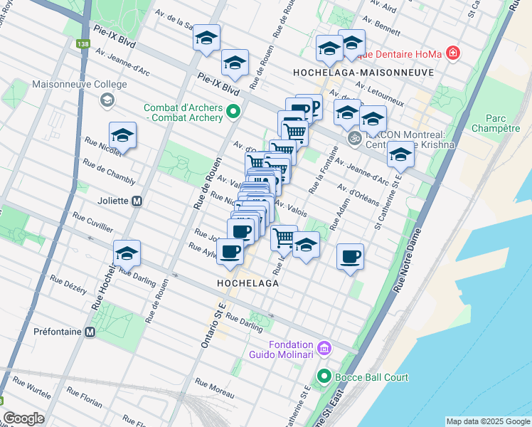 map of restaurants, bars, coffee shops, grocery stores, and more near 3740 Rue Ontario Est in Montréal