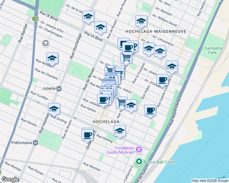 map of restaurants, bars, coffee shops, grocery stores, and more near 3740 Rue Ontario Est in Montréal