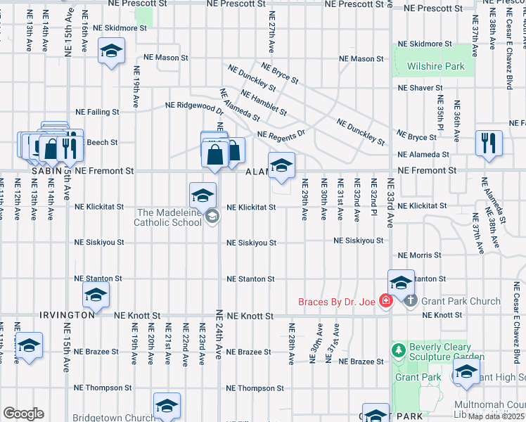 map of restaurants, bars, coffee shops, grocery stores, and more near 2626 Northeast Klickitat Street in Portland