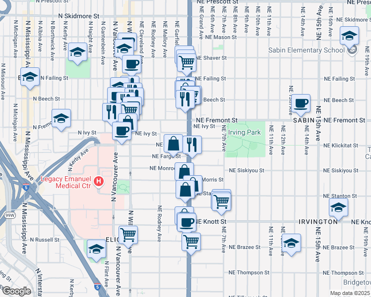 map of restaurants, bars, coffee shops, grocery stores, and more near 3225 Northeast Martin Luther King Junior Boulevard in Portland