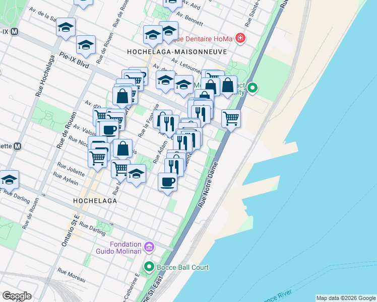 map of restaurants, bars, coffee shops, grocery stores, and more near in Montreal