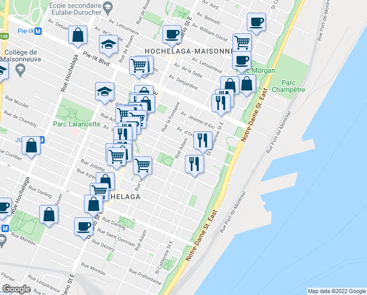 map of restaurants, bars, coffee shops, grocery stores, and more near 1536 Avenue Bourbonnière in Montréal