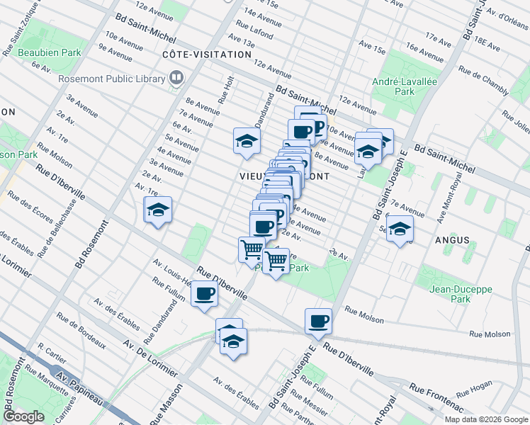 map of restaurants, bars, coffee shops, grocery stores, and more near 5448 3e Avenue in Montréal