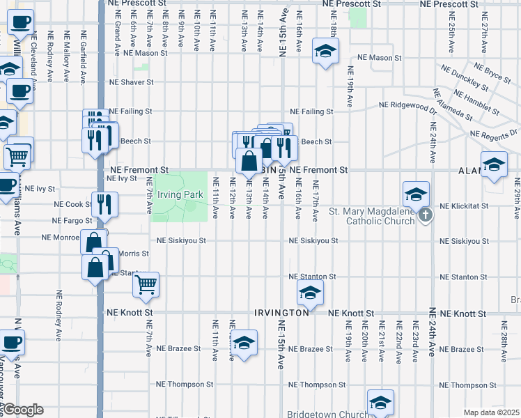 map of restaurants, bars, coffee shops, grocery stores, and more near 3243 Northeast 14th Avenue in Portland