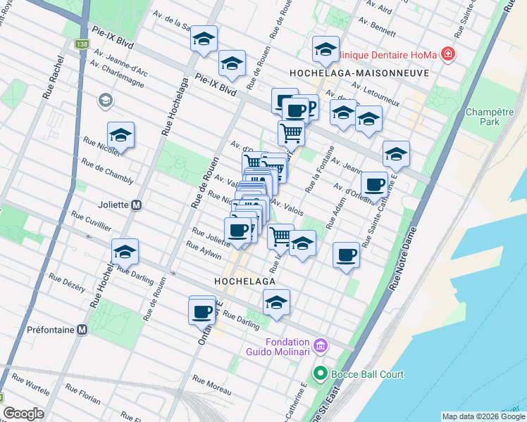 map of restaurants, bars, coffee shops, grocery stores, and more near 3740 Rue Ontario Est in Montréal