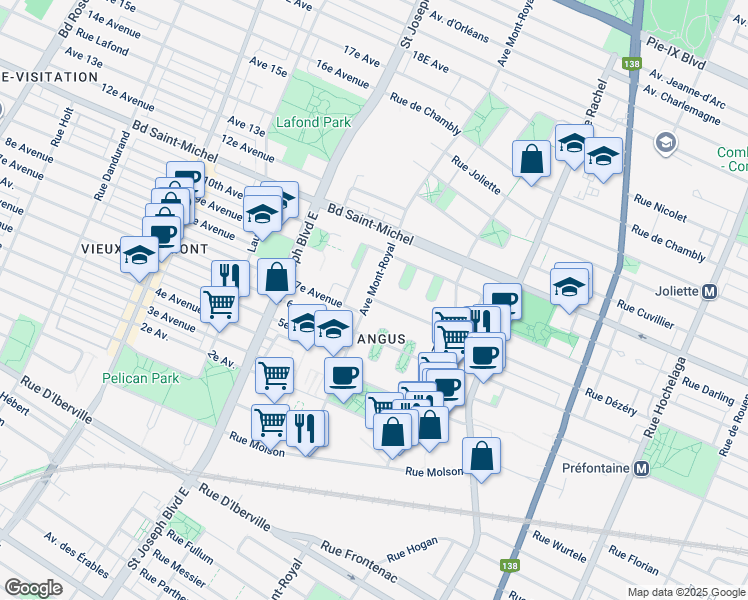map of restaurants, bars, coffee shops, grocery stores, and more near 4496 Avenue du Midway in Montreal