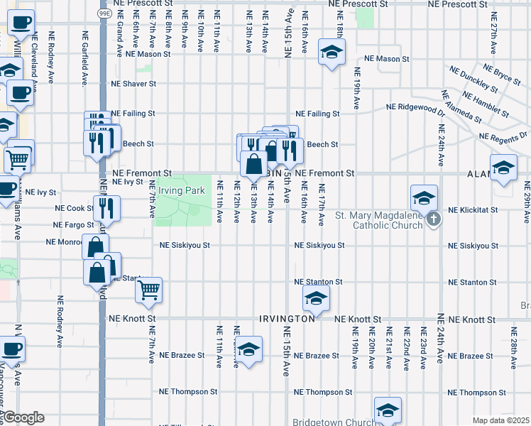 map of restaurants, bars, coffee shops, grocery stores, and more near 3243 Northeast 14th Avenue in Portland