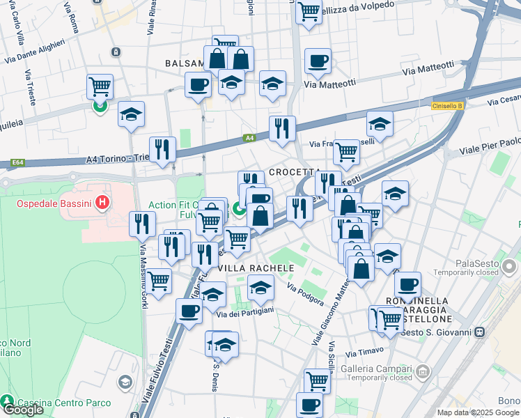 map of restaurants, bars, coffee shops, grocery stores, and more near 170-174 Viale Fulvio Testi in Cinisello Balsamo