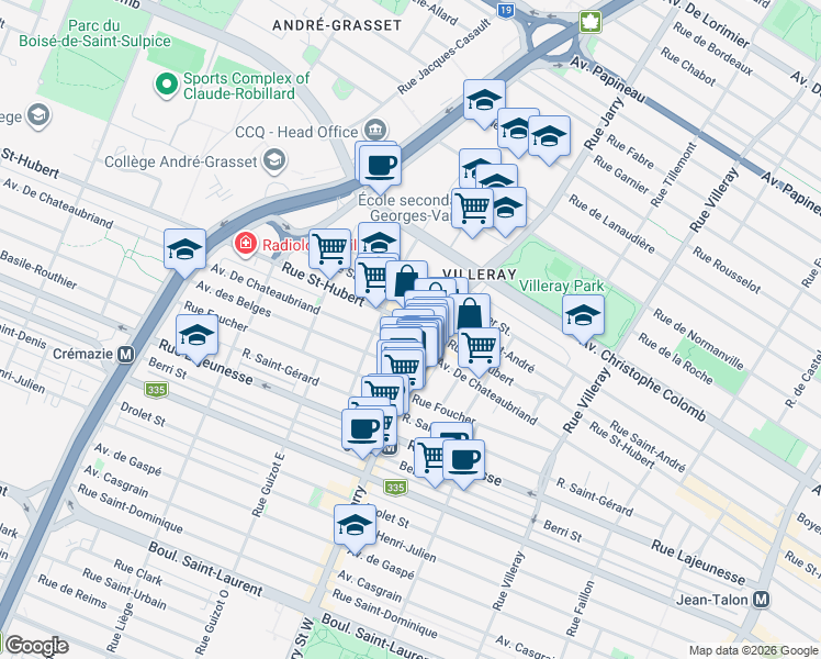 map of restaurants, bars, coffee shops, grocery stores, and more near 8164 Rue Saint-Hubert in Montréal