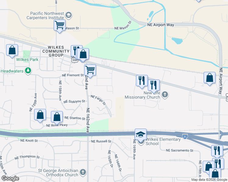 map of restaurants, bars, coffee shops, grocery stores, and more near 16511 Northeast Fargo Circle in Portland