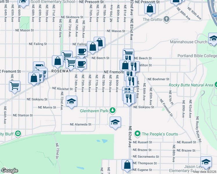map of restaurants, bars, coffee shops, grocery stores, and more near 3230 Northeast 79th Avenue in Portland